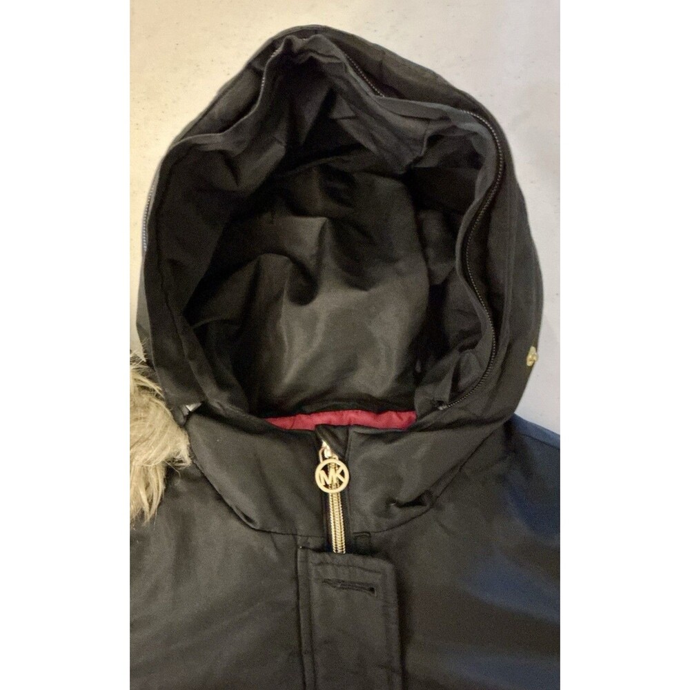 Michael Kors Girls 7/8 Black Winter Parka Coat Faux Fur Hood Gold Logo - Picture 5 of 11